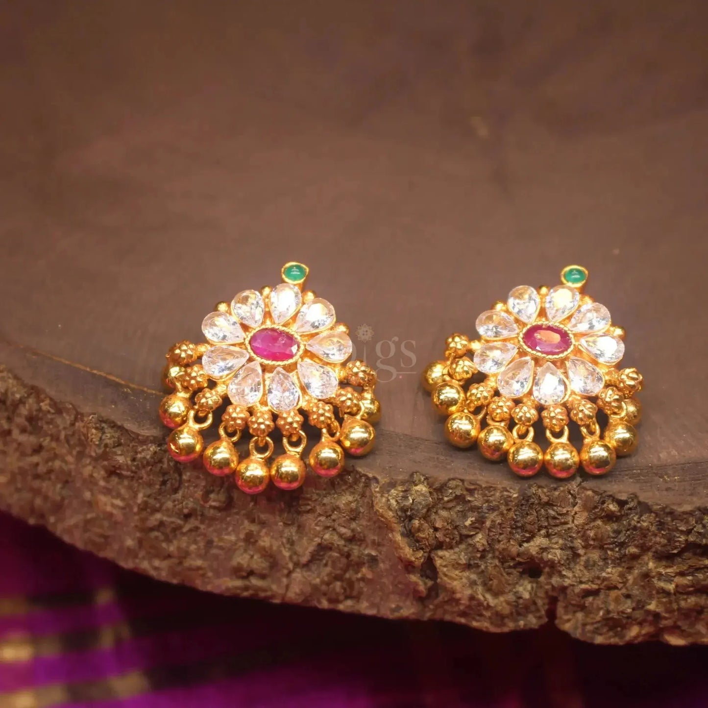 Sevvandhi Earrings – Floral Elegance with Gold Ball Detailing