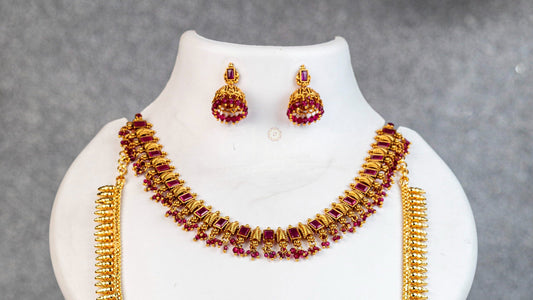 Square Ruby Fringe Antique Necklace And Vanki Haram Set