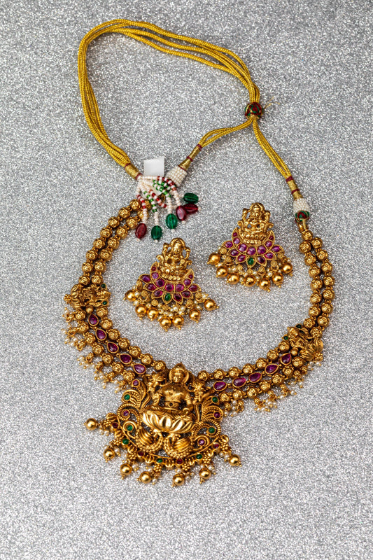 Twin Row Ruby Lakshmi Antique Necklace Set