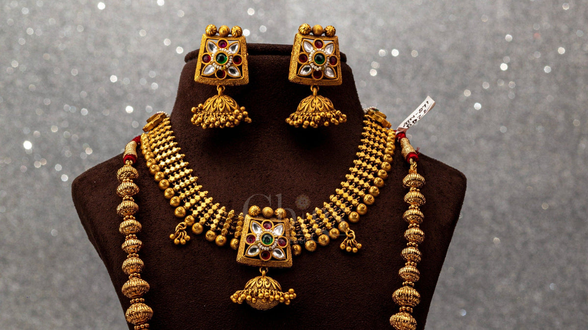 Navarathna Square Pendant Layered Antique Set (Combo)