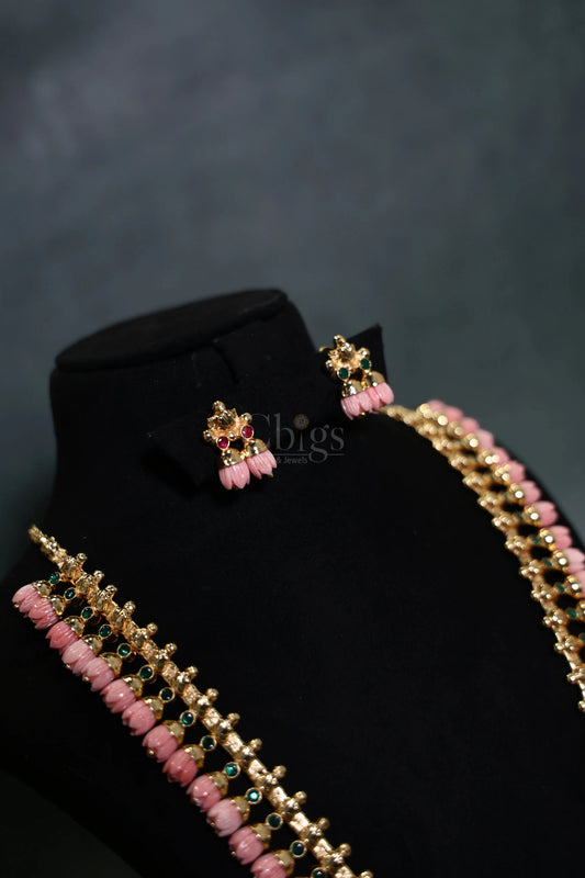 Pink Pavalamalli Green Stone Floral Kemp Haram