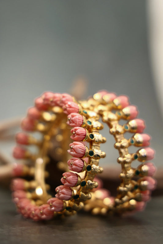 Pink Pavalamalli Green Stone Kemp Bangle Pair