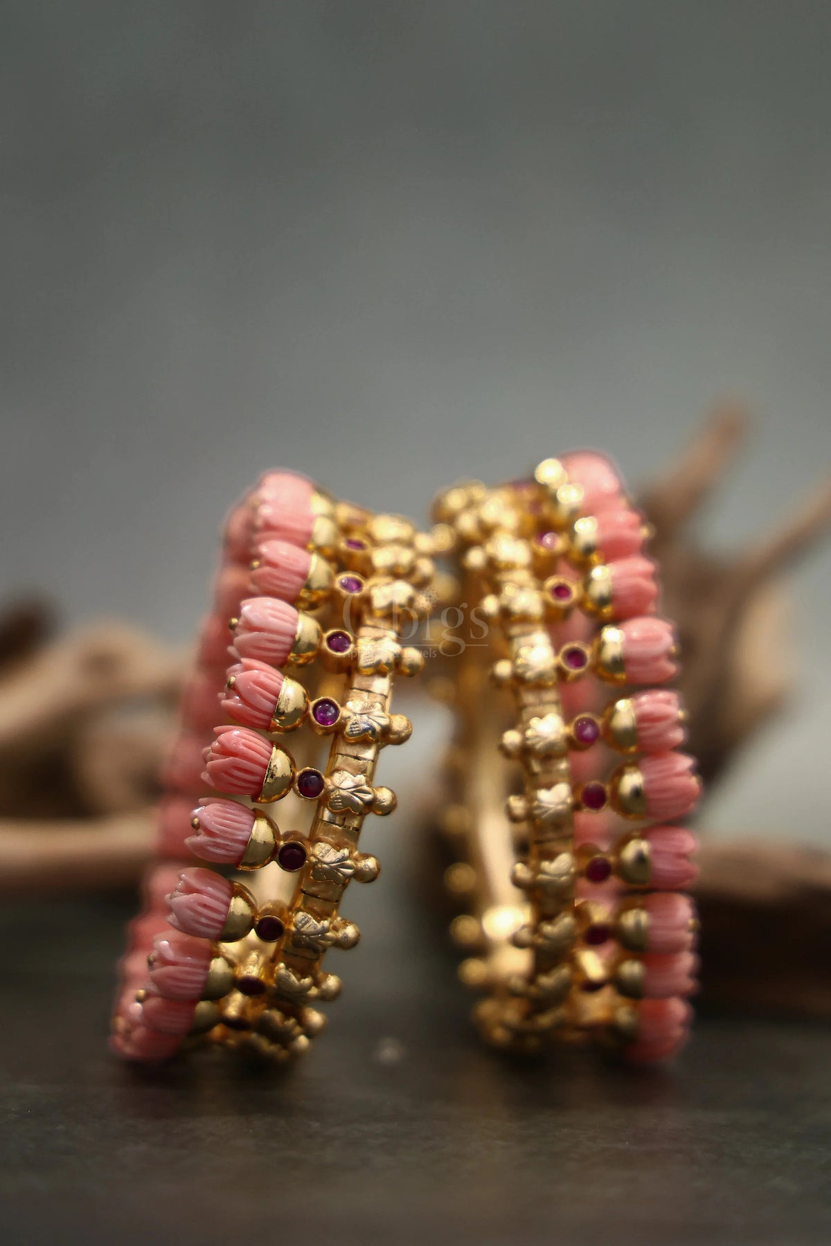 Pink Pavalamalli Green Stone Kemp Bangle Pair