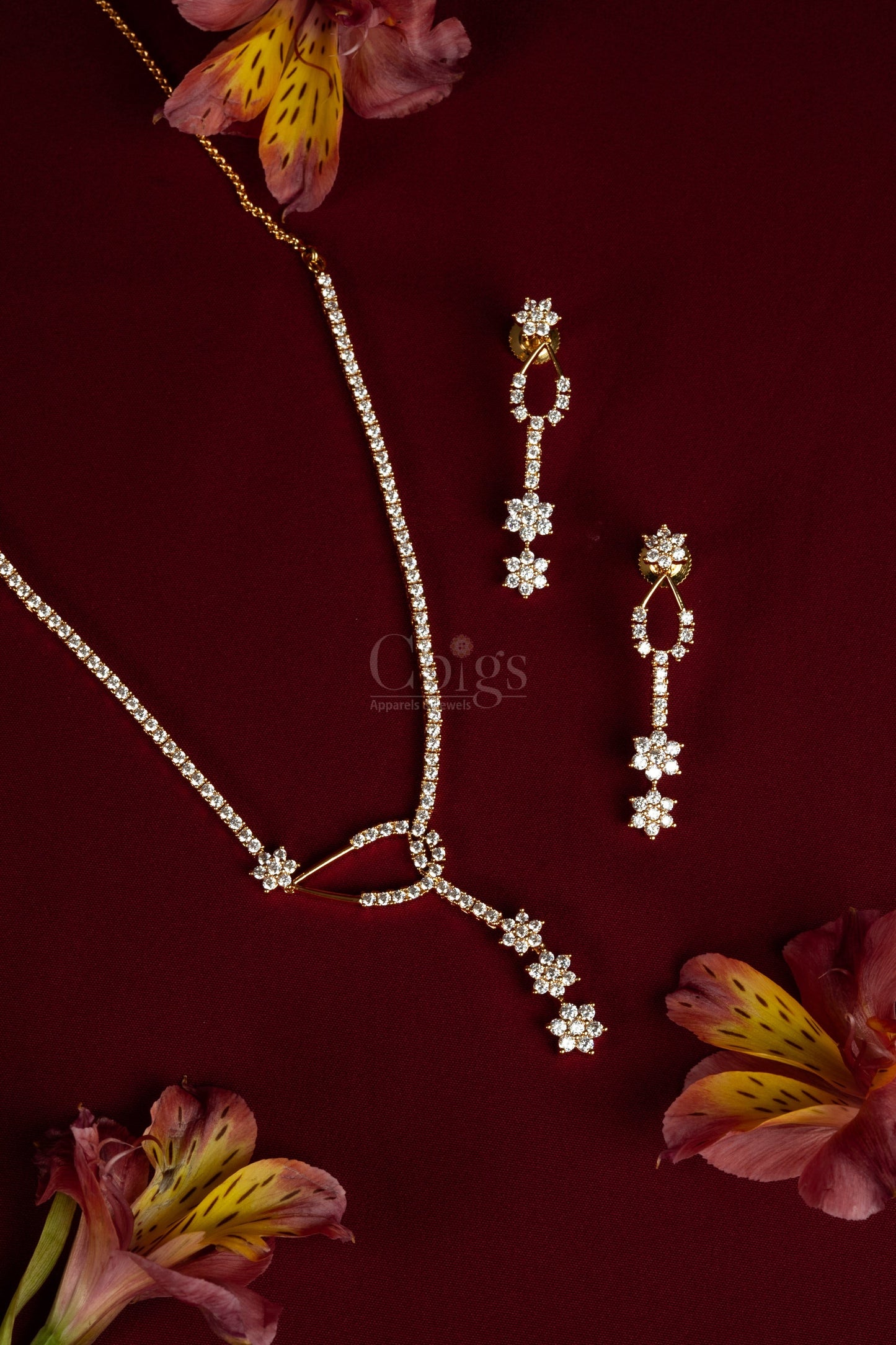 Floral Drop Diamond Crush Necklace Set (A-197)
