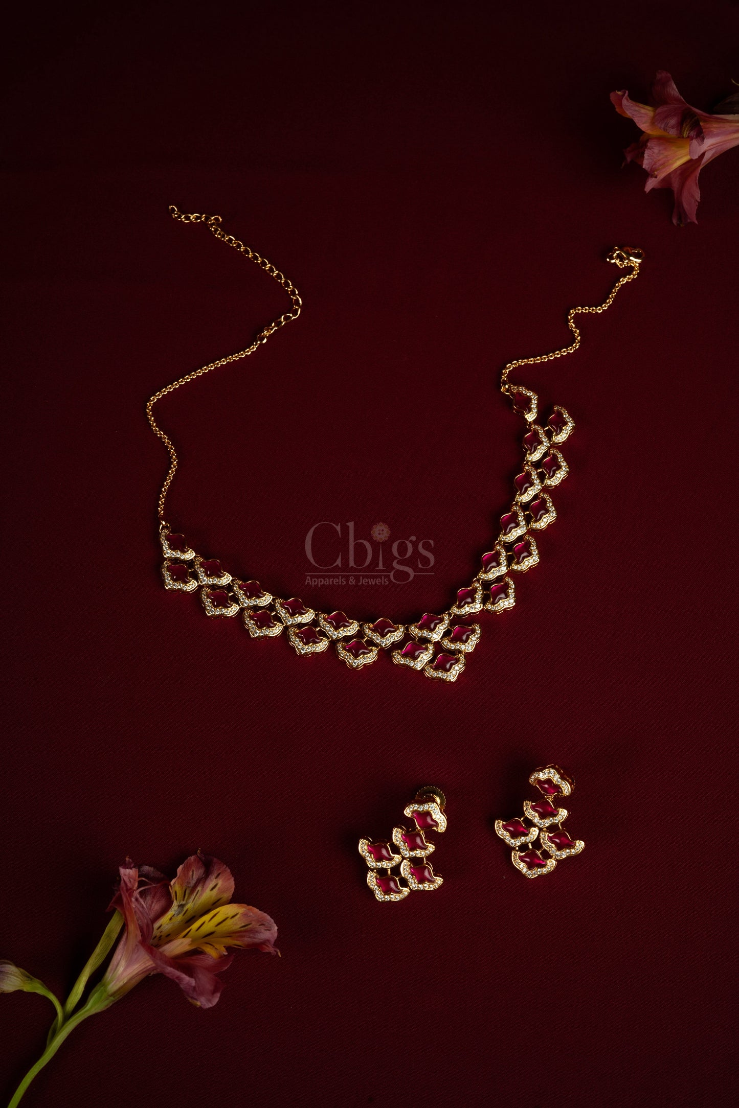 Clover Ruby sparkle Diamond Crush Necklace Set (A-516)