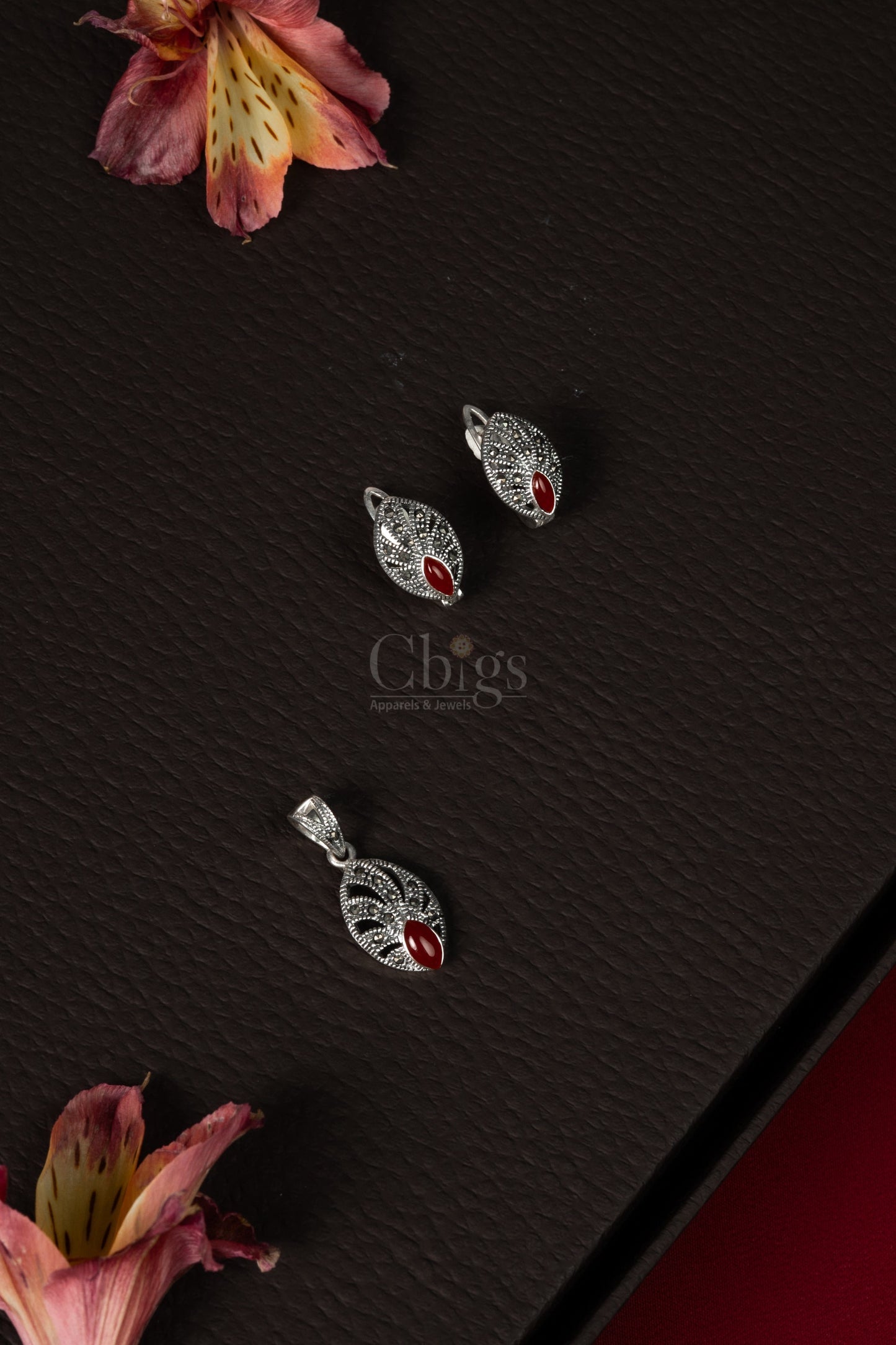 92.5 Silver Red Stone Filigree Pendant Set