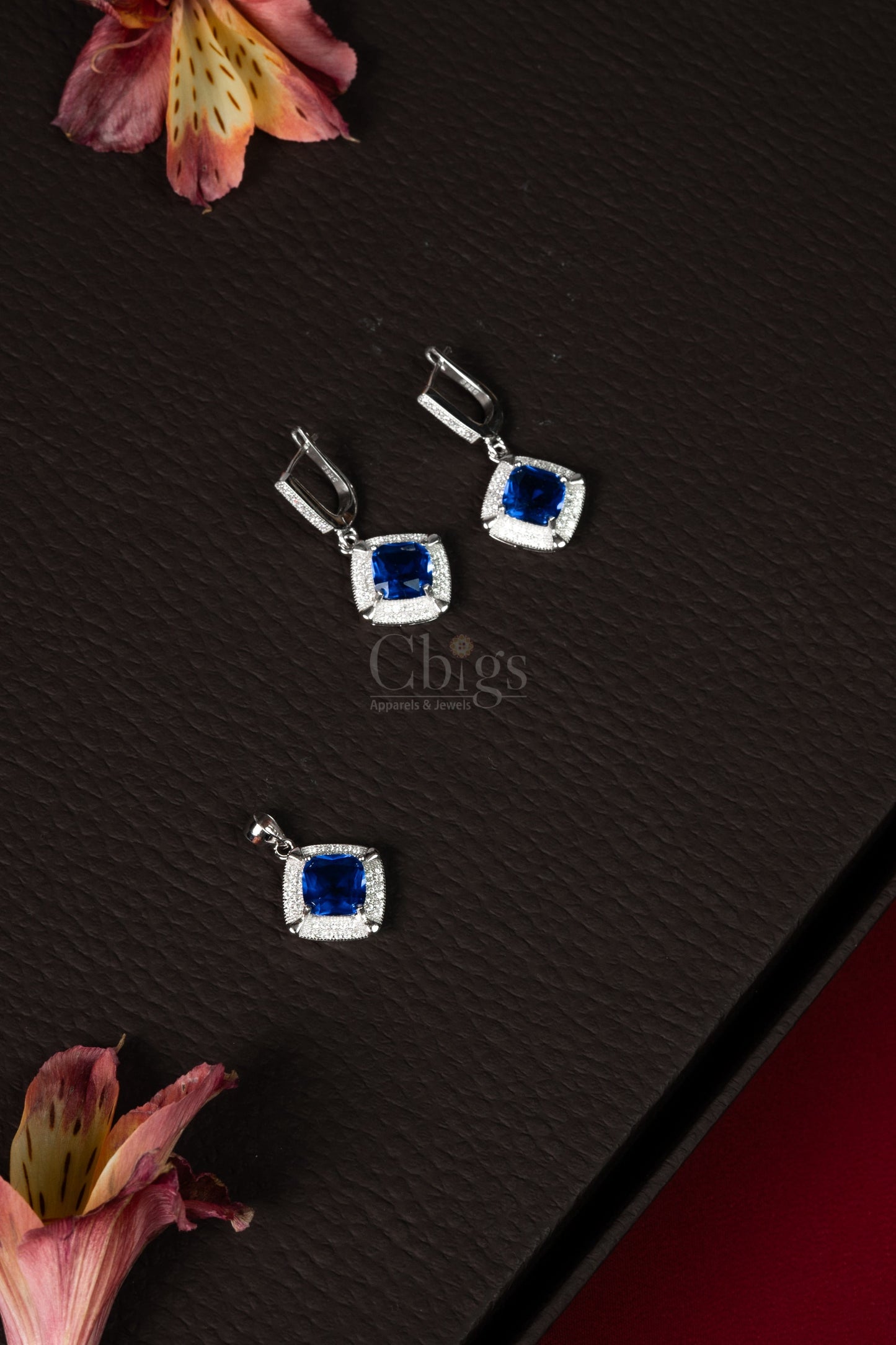 92.5 Silver Blue Square Stone Pendant Set