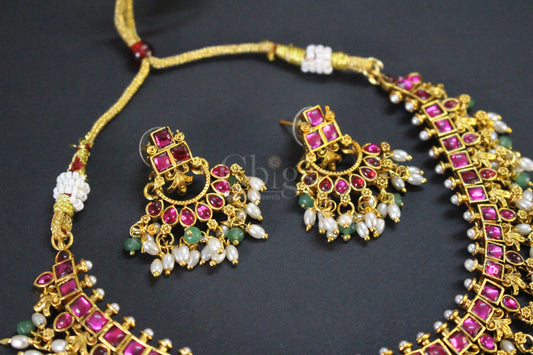 Ruby Square Stone Pearl Fringe Antique Necklace Set