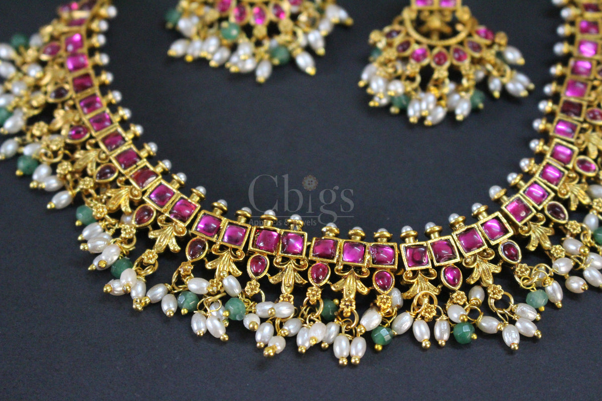 Ruby Square Stone Pearl Fringe Antique Necklace Set