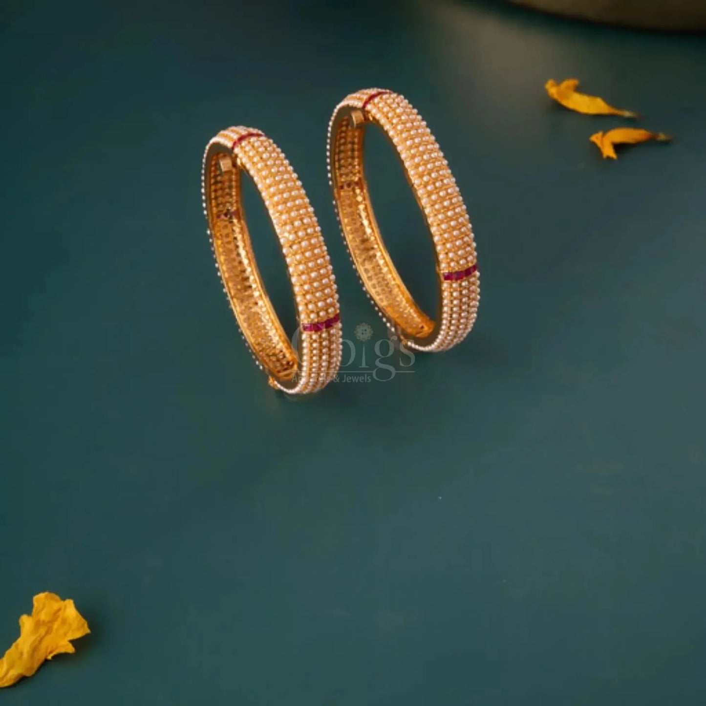 Classic Pearl-Covered Bangles with Ruby Line Detailing – Size 2.6 (Pair)