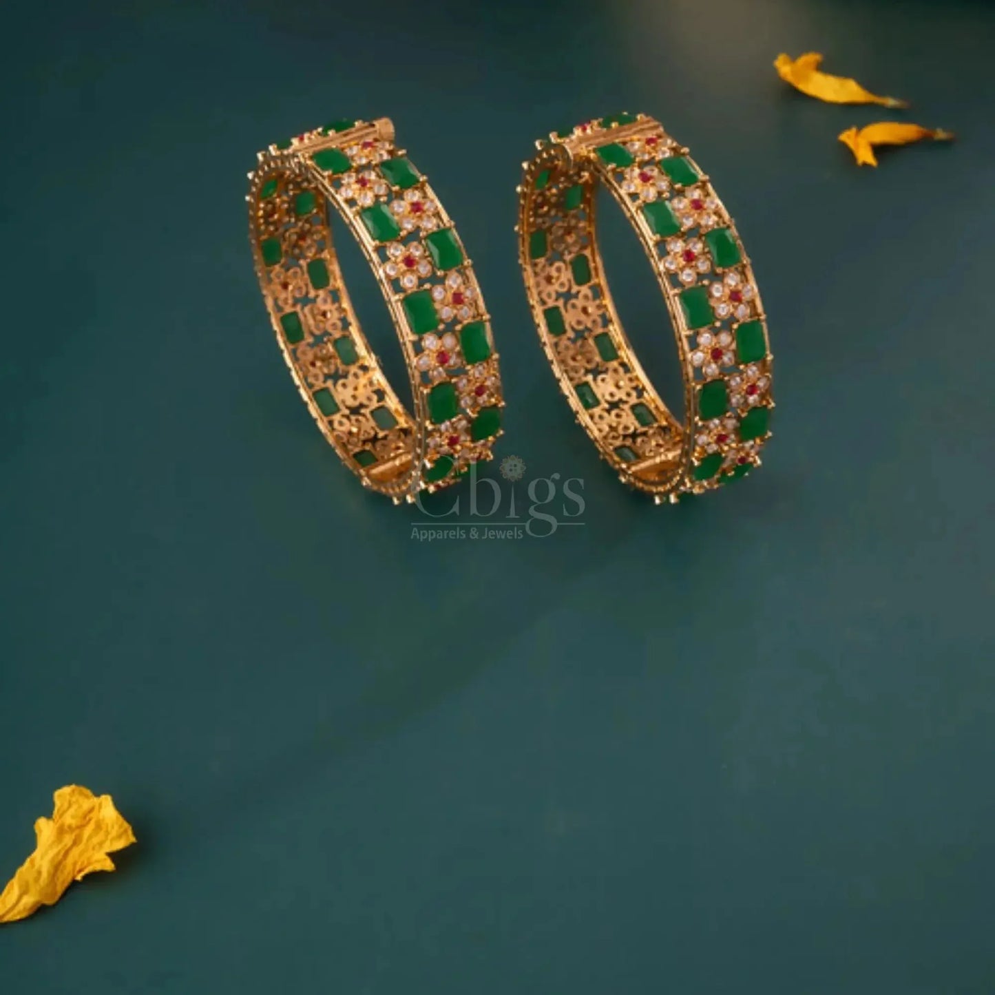 Antique Emerald Square Bangles with Floral CZ Work – Size 2.6 (Pair)