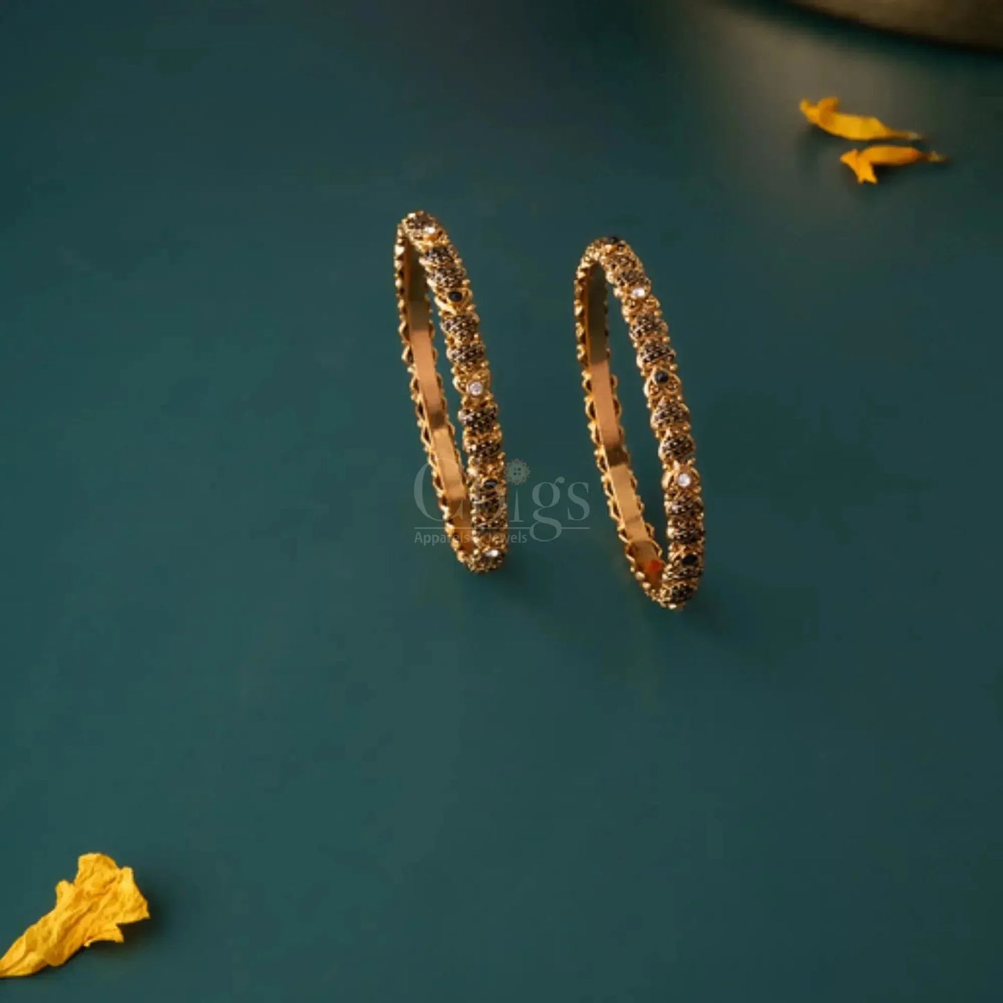 Classic Stone-Studded Antique Gold Bangles – Size 2.6 (Pair)