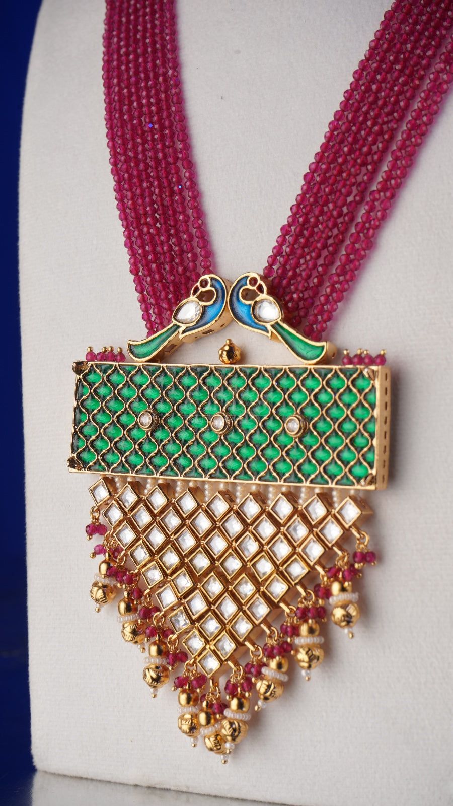Green Onyx Bead Meenakari Peacock Long Necklace Set