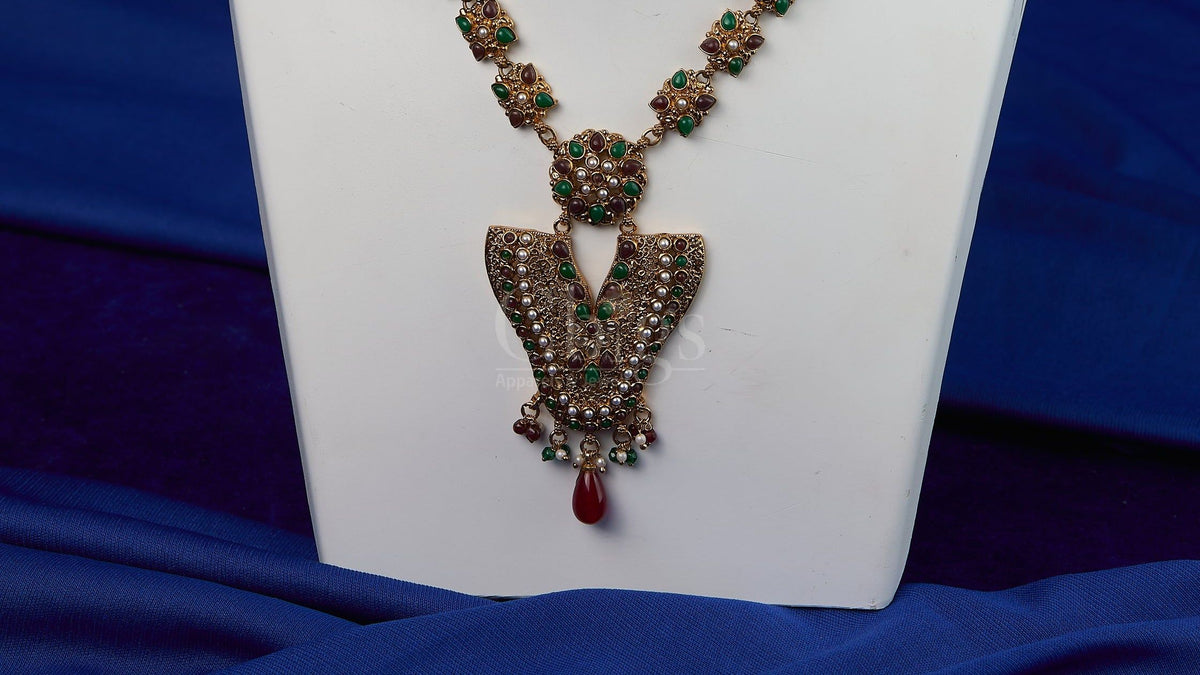 Antique Emerald Ruby Shield Pendant Necklace