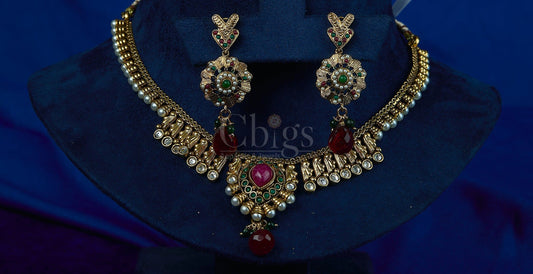 Antique Ruby Emerald Floral Temple Necklace Set