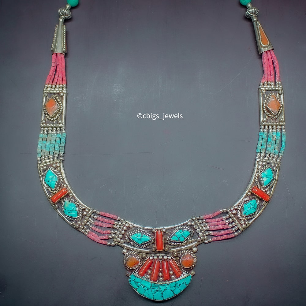 Fancy Tibetan Neckpiece with Precious Coral and Turquoise beads.