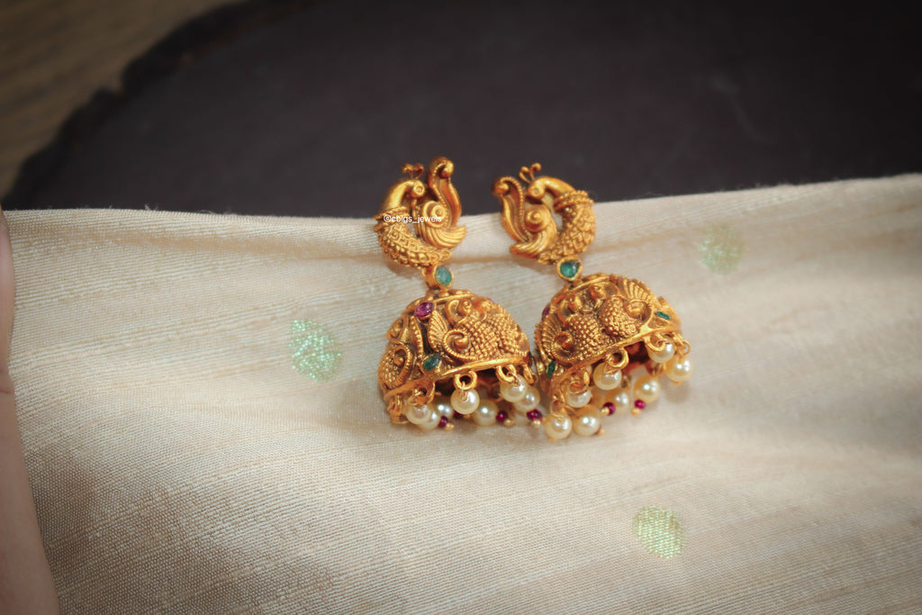 Temple Matte Finish Earrings with Intricate Peacock Motif