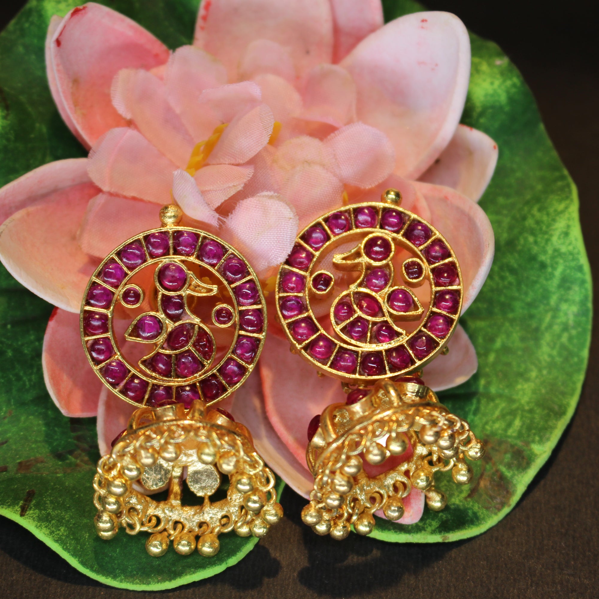 Morah Earrings – Kemp Jhumkas with Peacock Twist