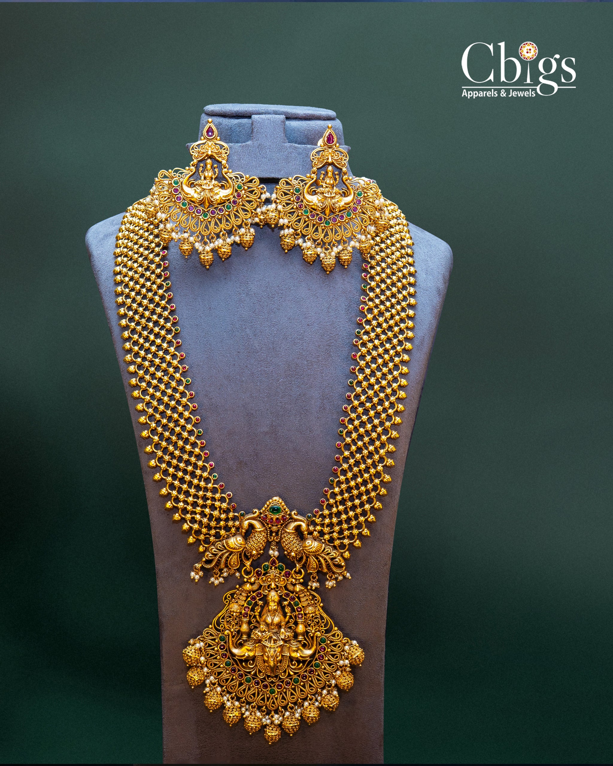 Goddess Lakshmi Antique Long Haram Set with Chandbali Earrings