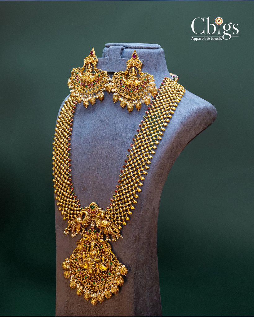 Goddess Lakshmi Antique Long Haram Set with Chandbali Earrings