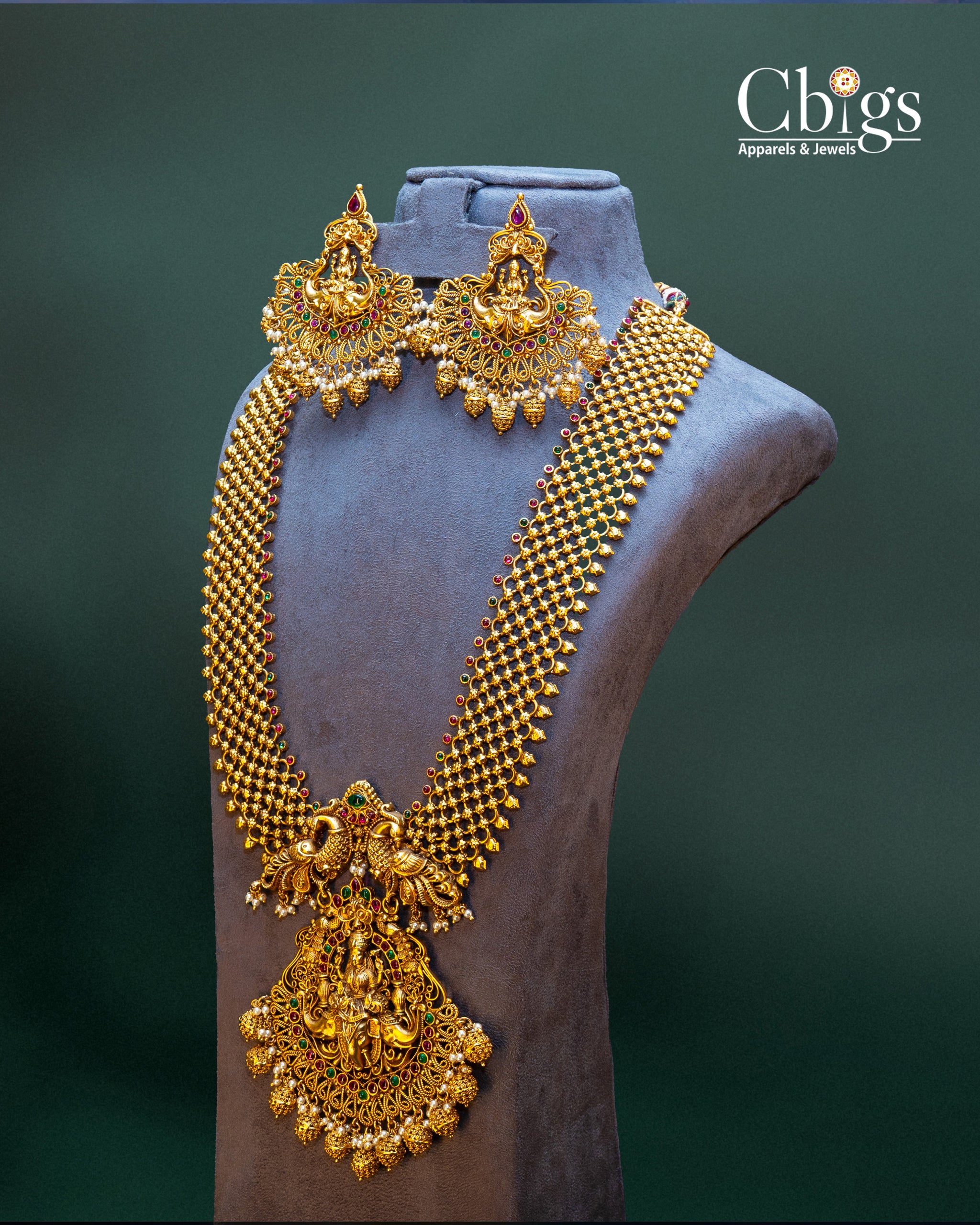 Goddess Lakshmi Antique Long Haram Set with Chandbali Earrings