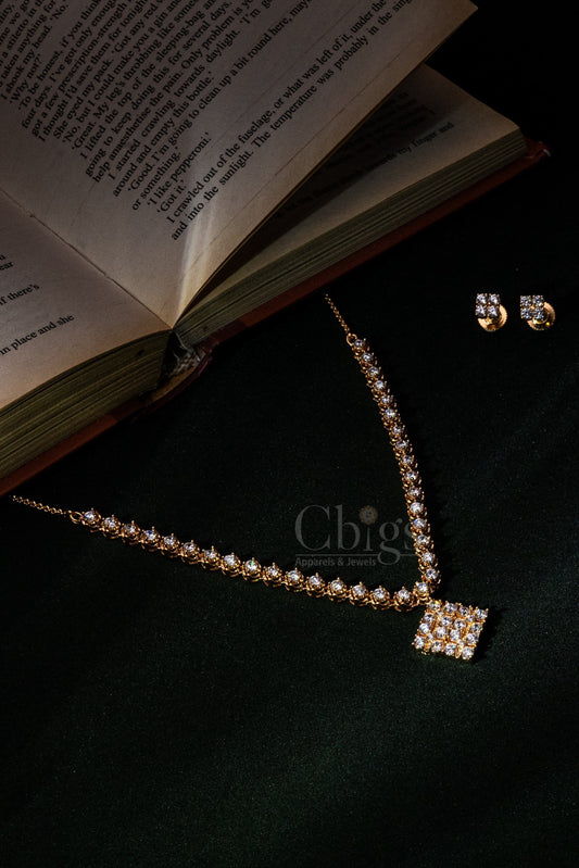 Square Drop Lariat Diamond Crush Necklace Set