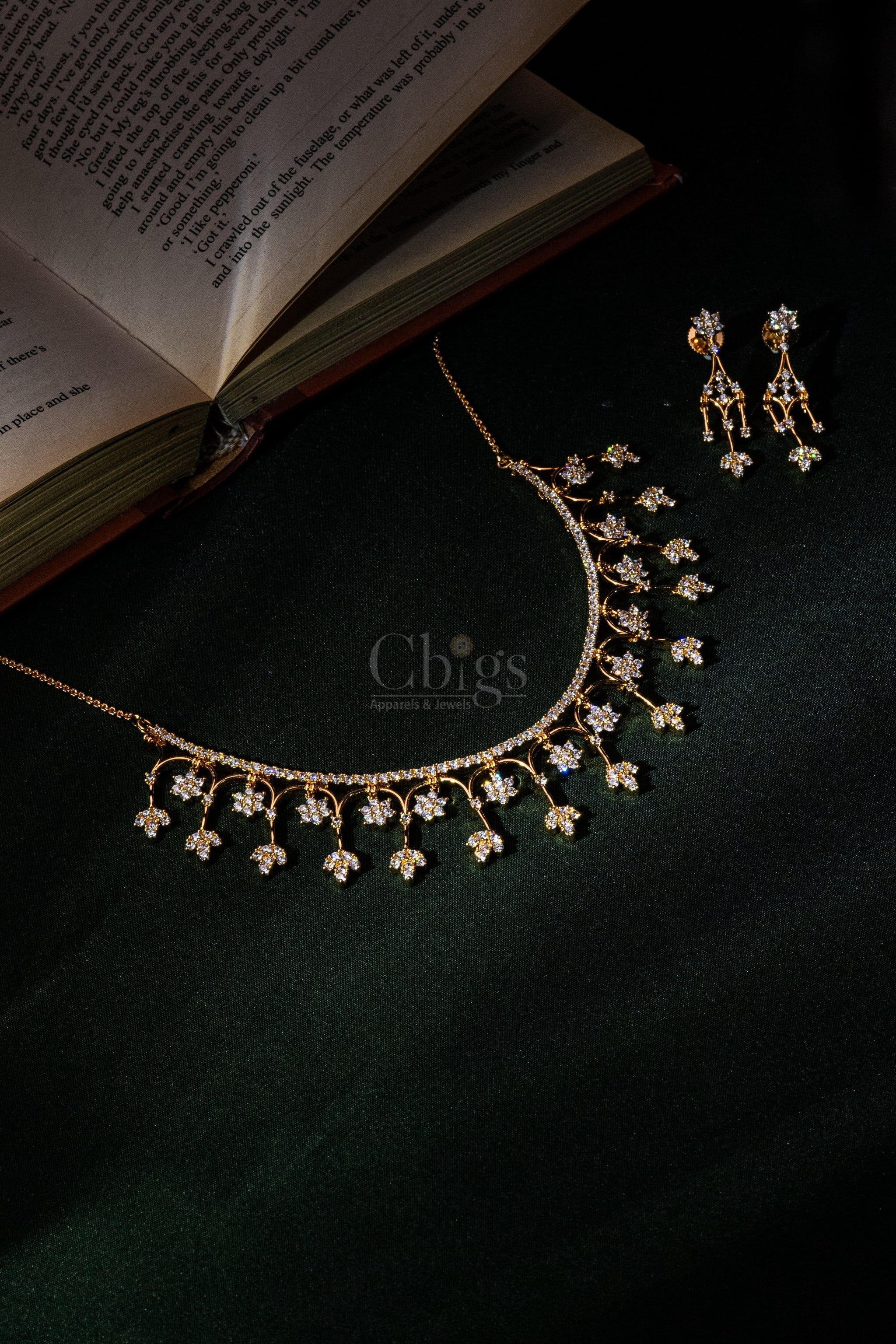 Regal Scroll Drop Diamond Crush Necklace Set
