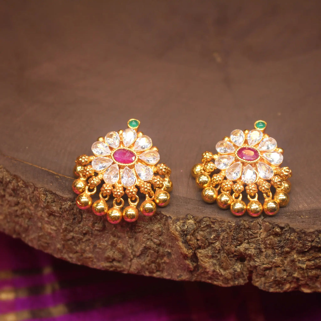 Sevvandhi Earrings – Floral Elegance with Gold Ball Detailing