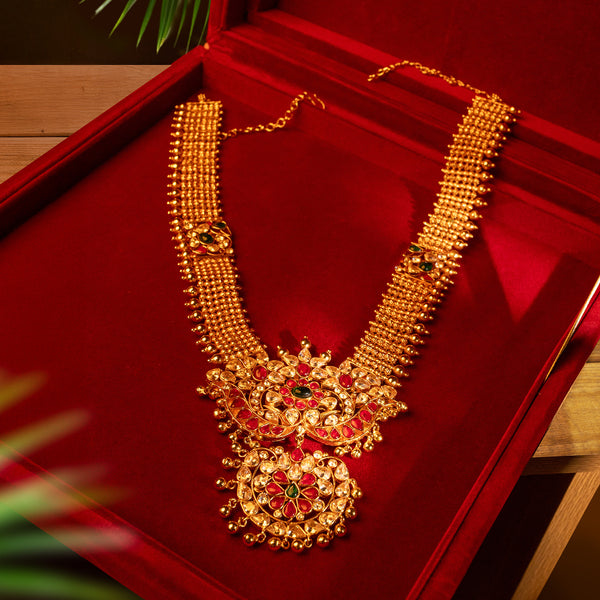 Aadita Mid-Length Haaram – Regal Red & Green Spark