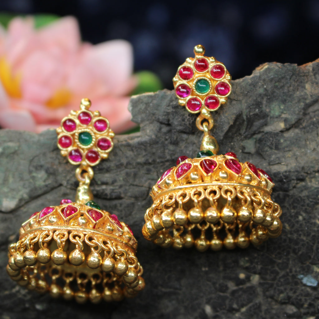 Urvashi Kemp Jhumkas – Antique Gold Finish (Roundl)