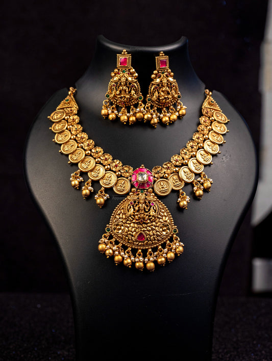 Kasu Pushpa Temple Pendant Antique Necklace Set - ATN 085