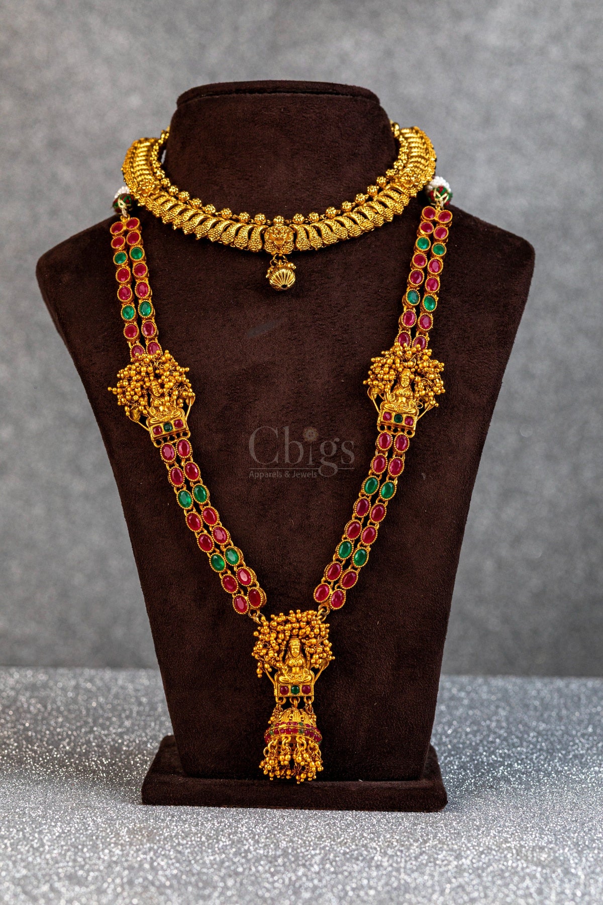 Ruby Emerald Devi Jhumka Long Antique Necklace