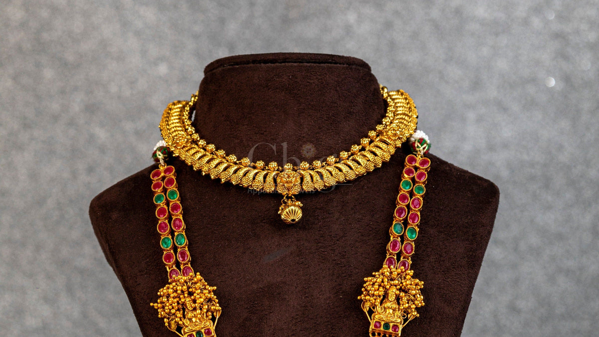 Ruby Emerald Devi Jhumka Long Antique Necklace