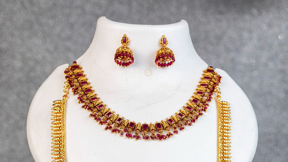 Square Ruby Fringe Antique Necklace And Vanki Haram Set