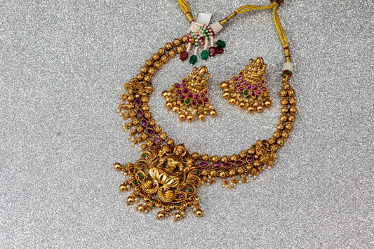 Twin Row Ruby Lakshmi Antique Necklace Set