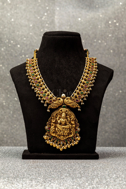 Peacock Ganesha Kundan Antique Necklace - ATH - 040