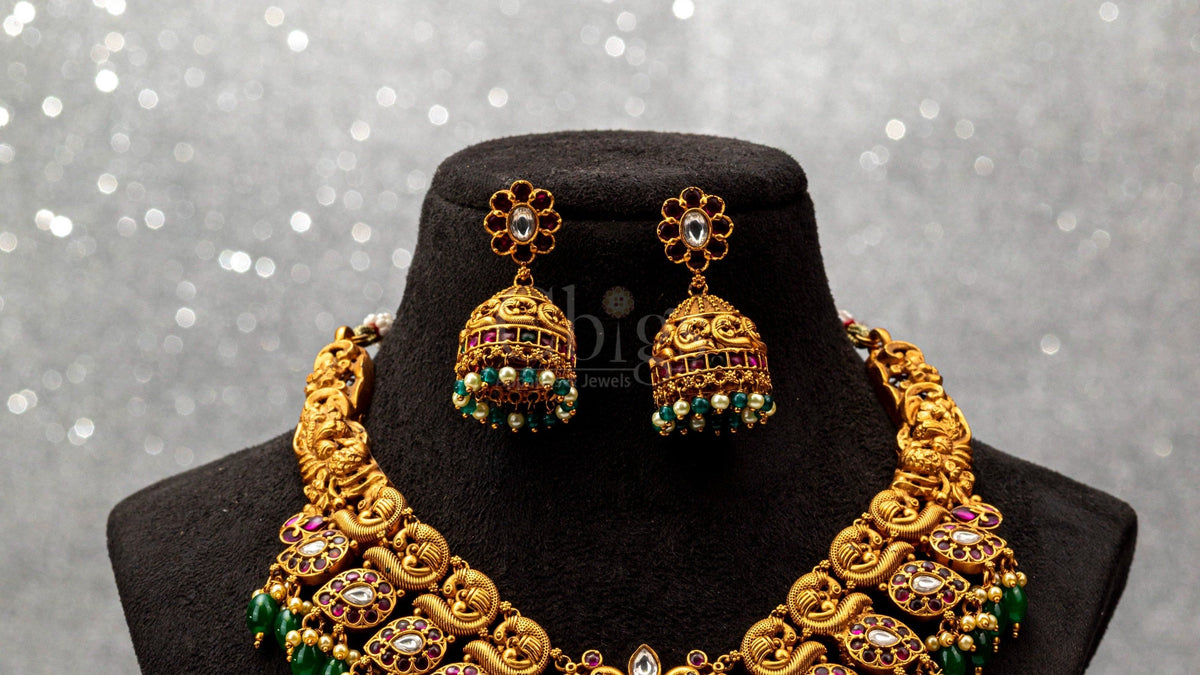 Emerald Peacock Arch Antique Necklace Set - ATN - 402