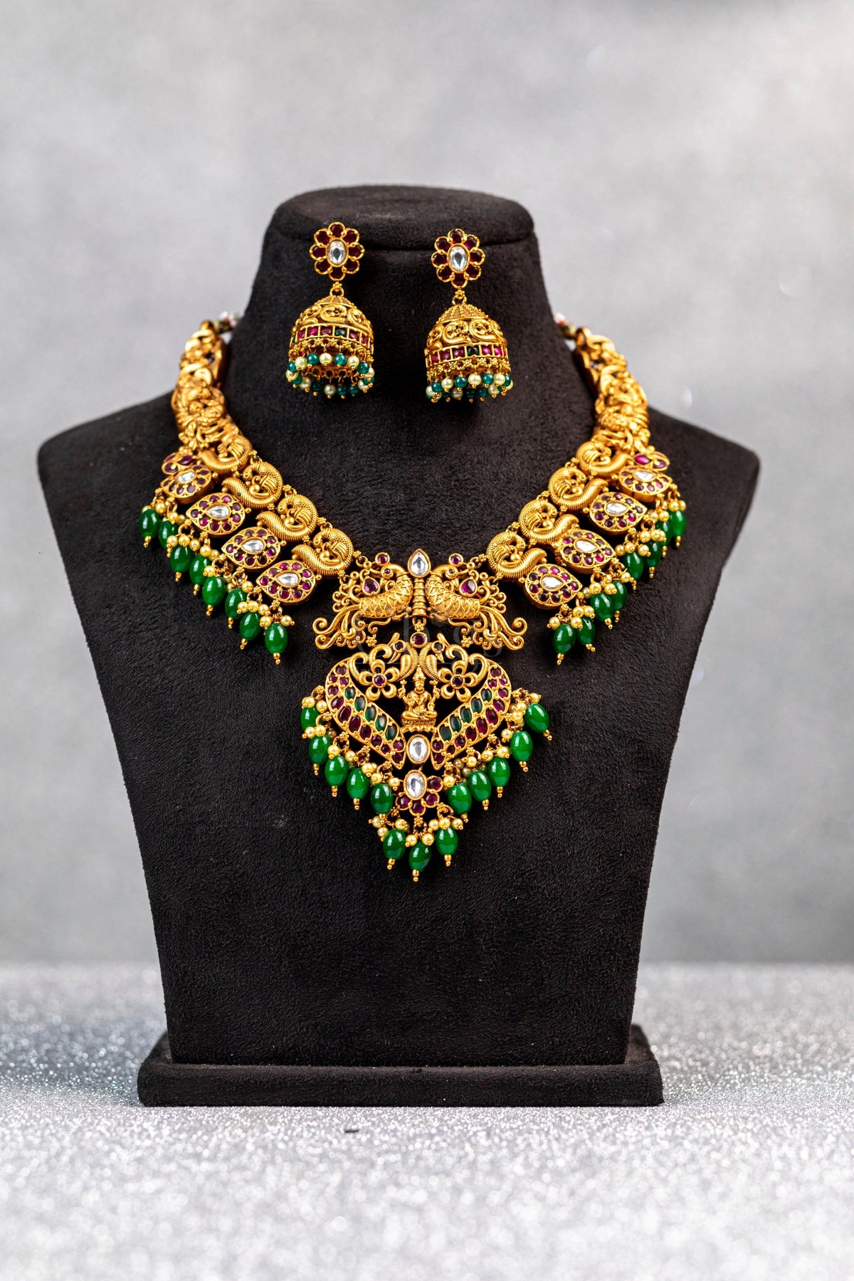 Emerald Peacock Arch Antique Necklace Set - ATN - 402