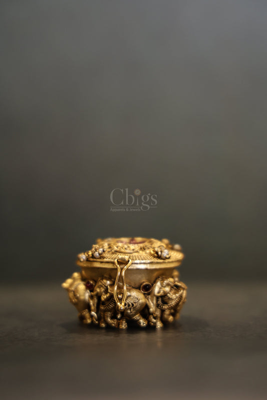 Antique brass kumkum box elephant base