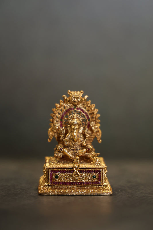 Antique brass kumkum box Ganesha throne