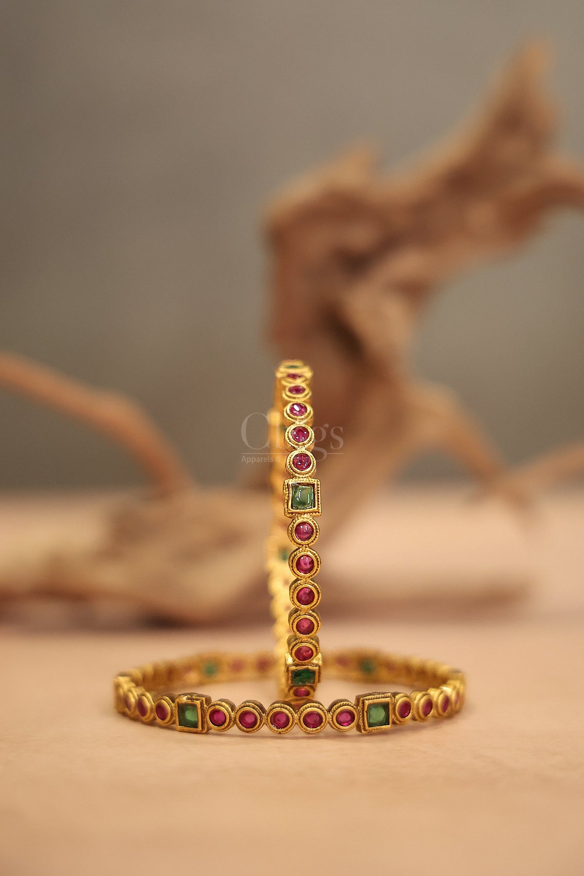 Antique stone bangle ruby emerald squares