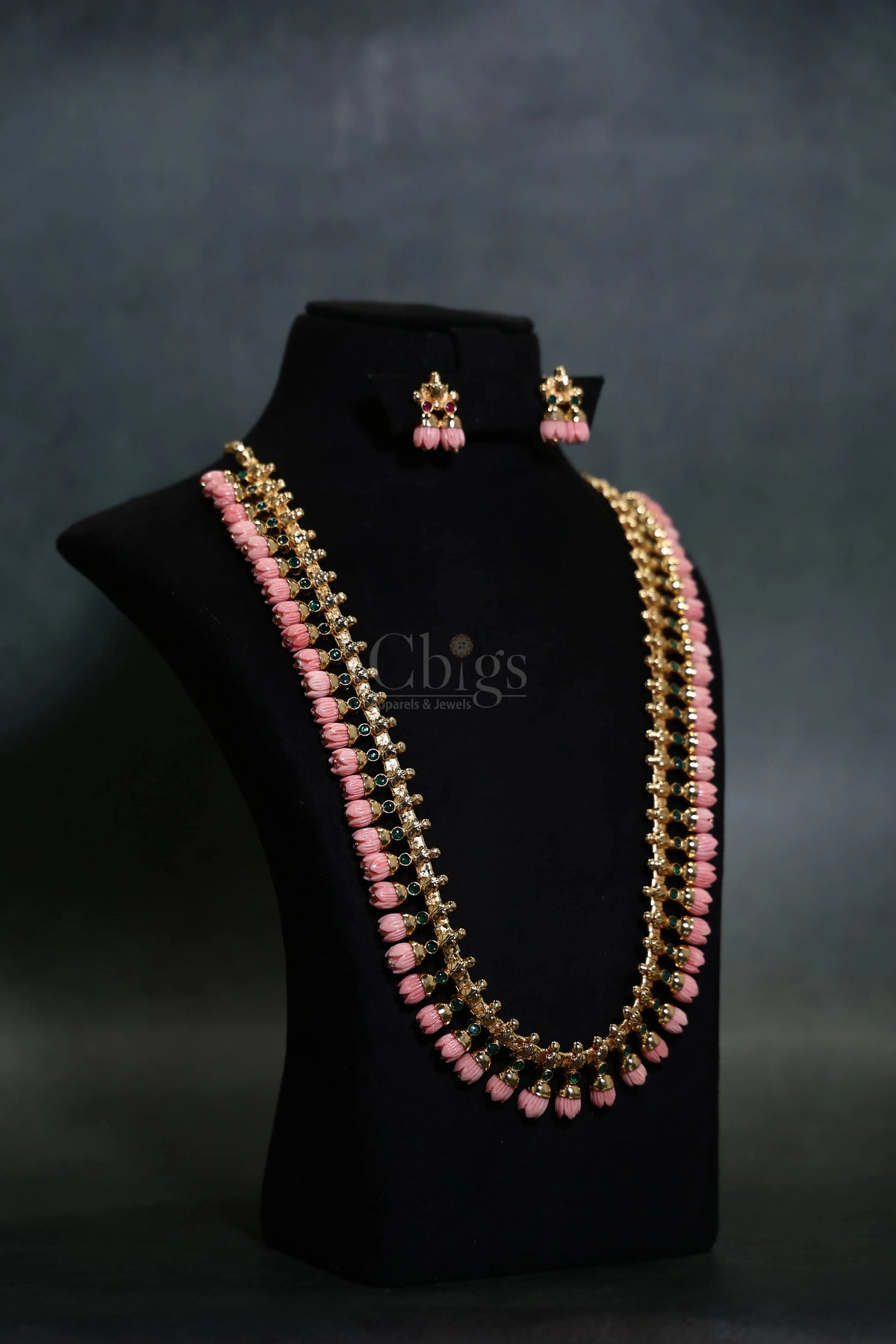 Pink Pavalamalli Green Stone Floral Kemp Haram