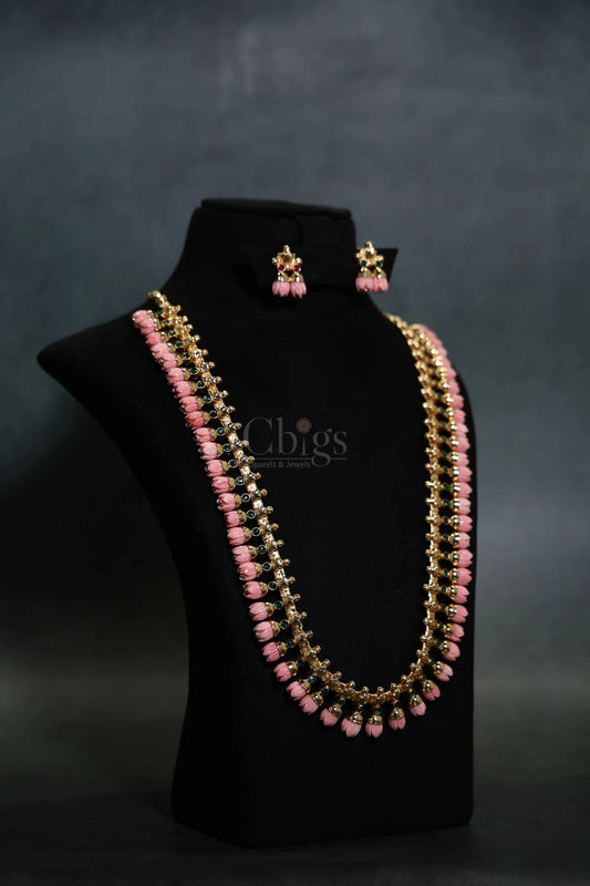 Pink Pavalamalli Green Stone Floral Kemp Haram