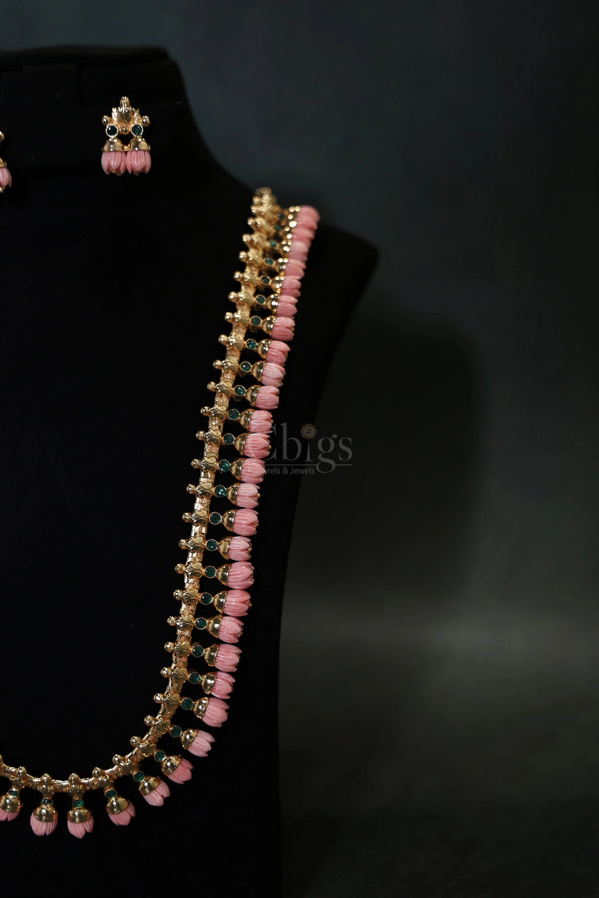 Pink Pavalamalli Green Stone Floral Kemp Haram