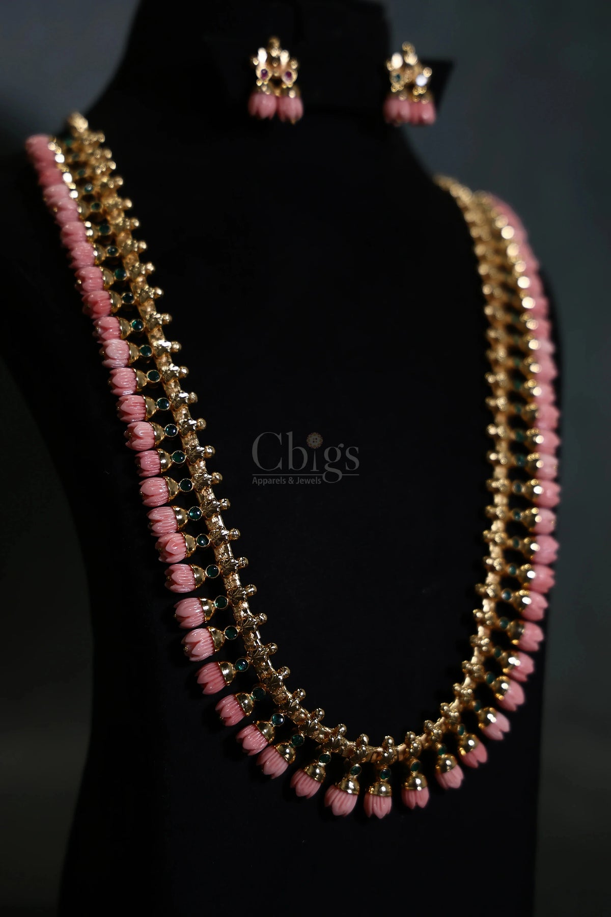 Pink Pavalamalli Green Stone Floral Kemp Haram
