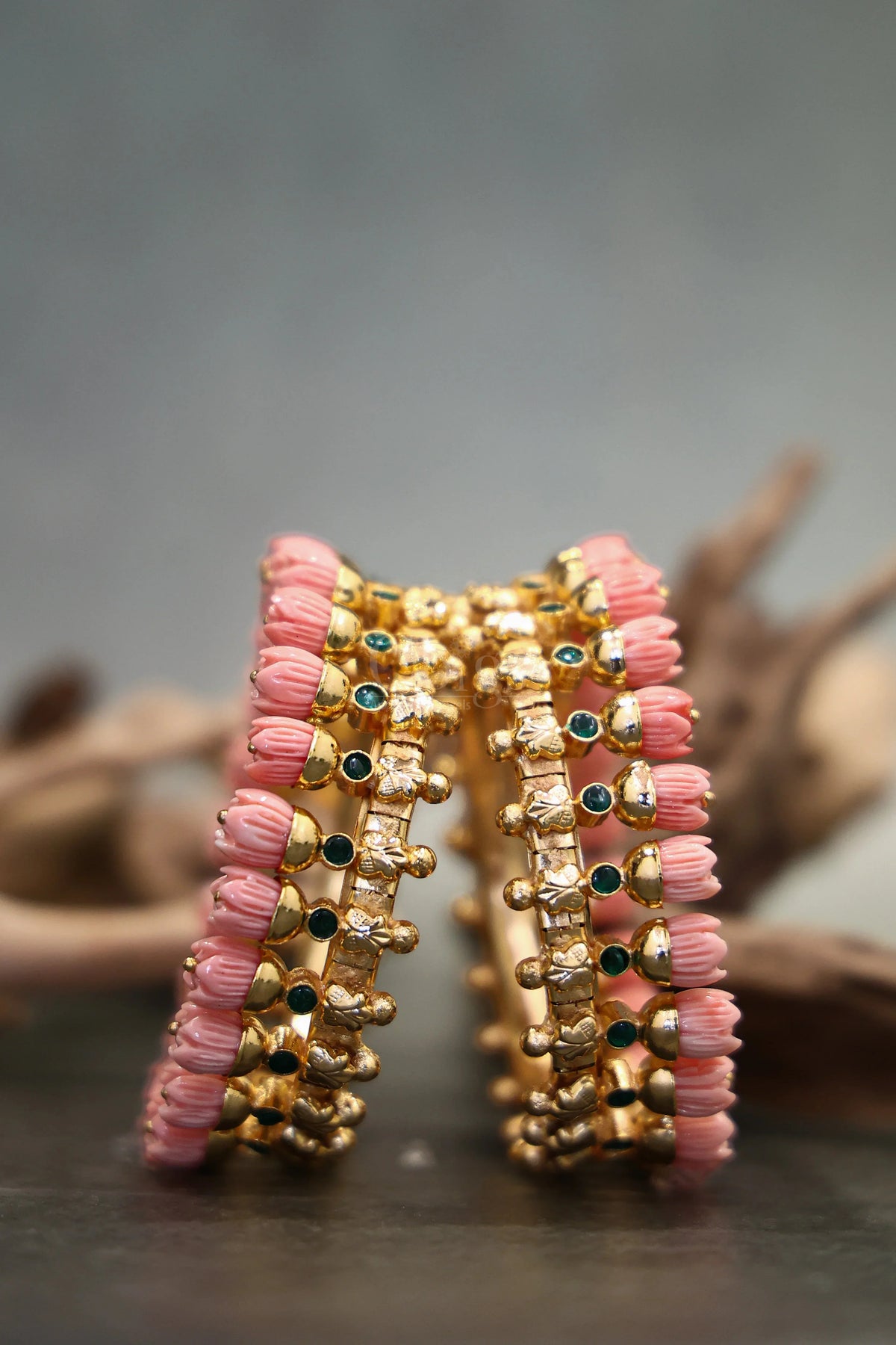 Pink Pavalamalli Green Stone Kemp Bangle Pair