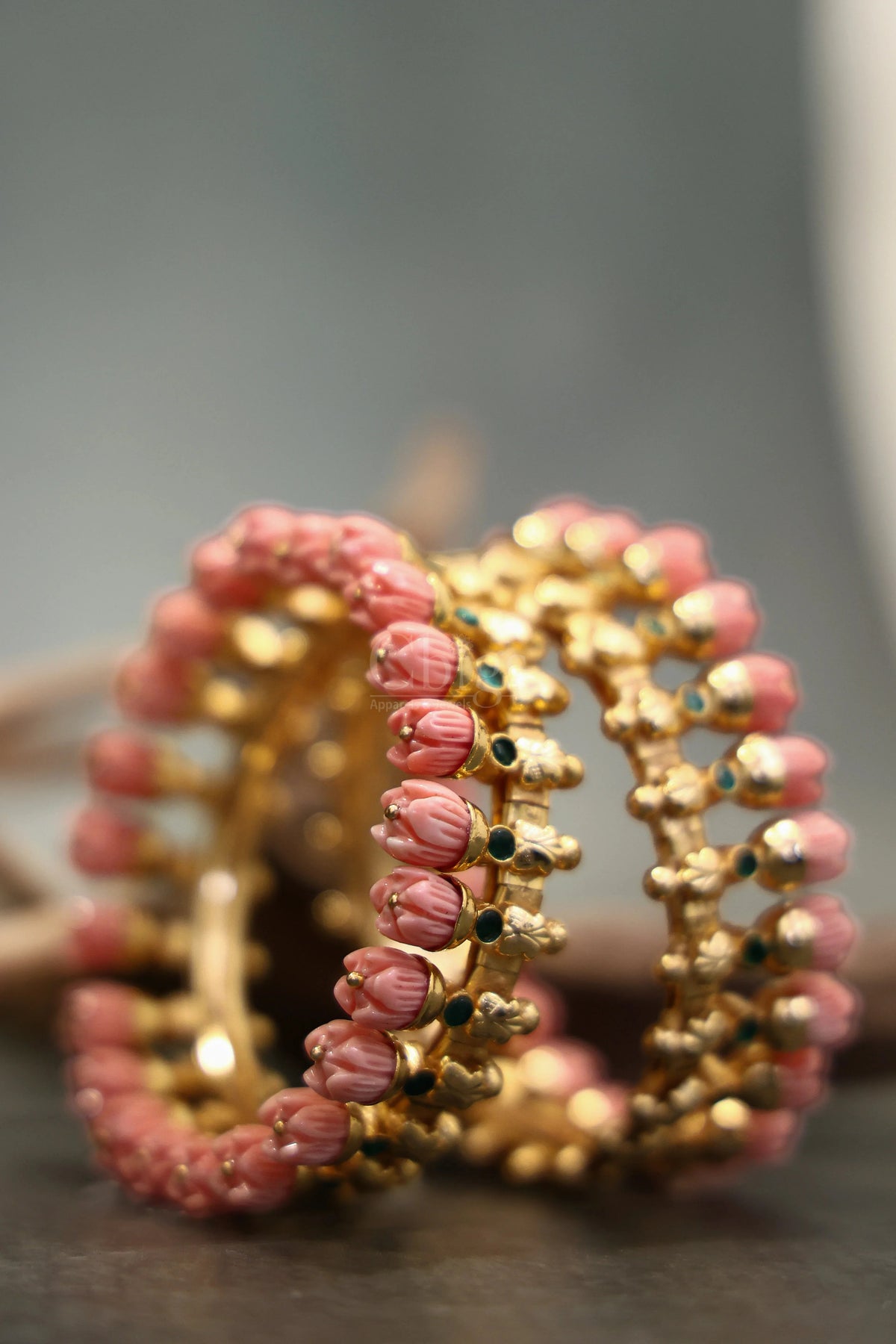 Pink Pavalamalli Green Stone Kemp Bangle Pair
