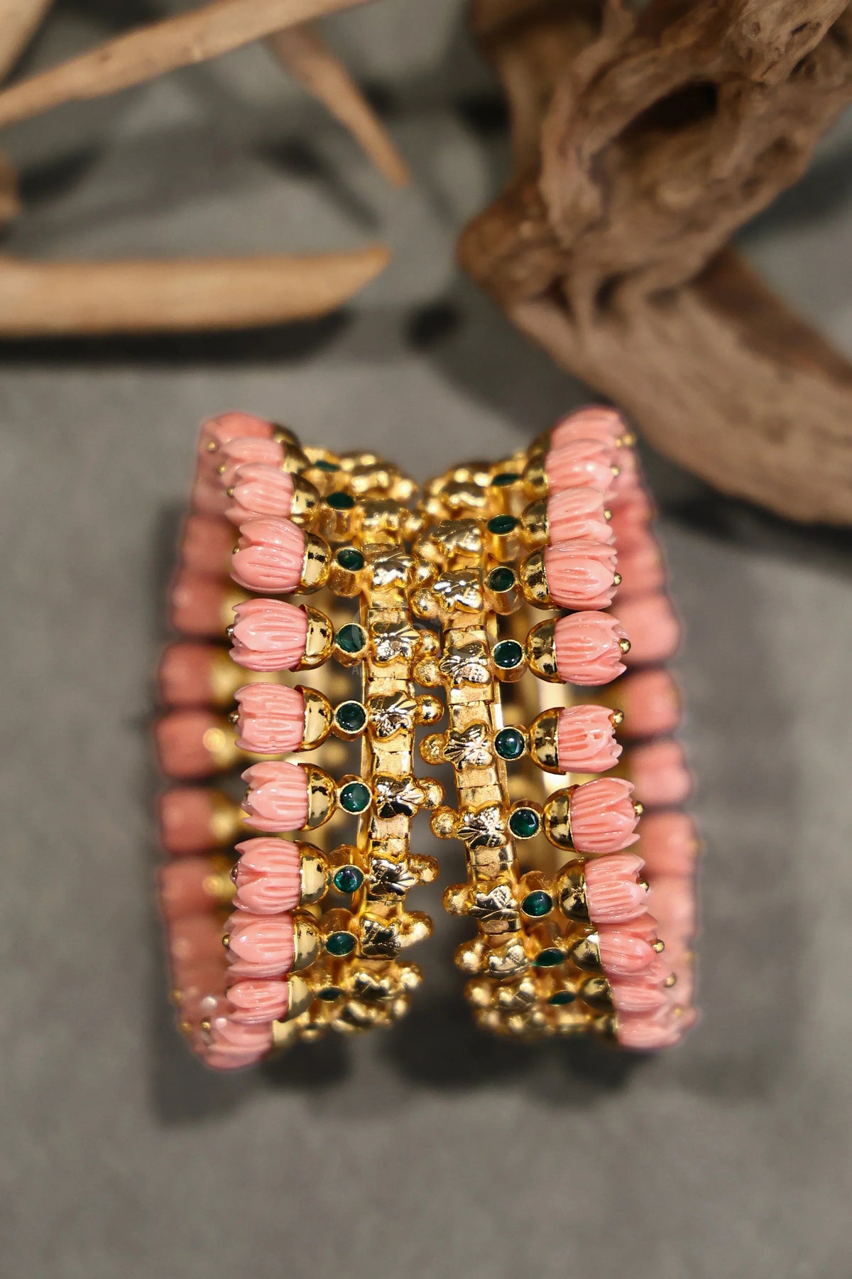 Pink Pavalamalli Green Stone Kemp Bangle Pair