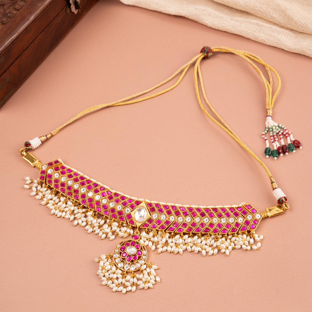 Pink Jadau Choker Necklace with Real Pearls & Pendant