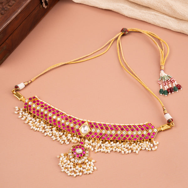 Pink Jadau Choker Necklace with Real Pearls & Pendant